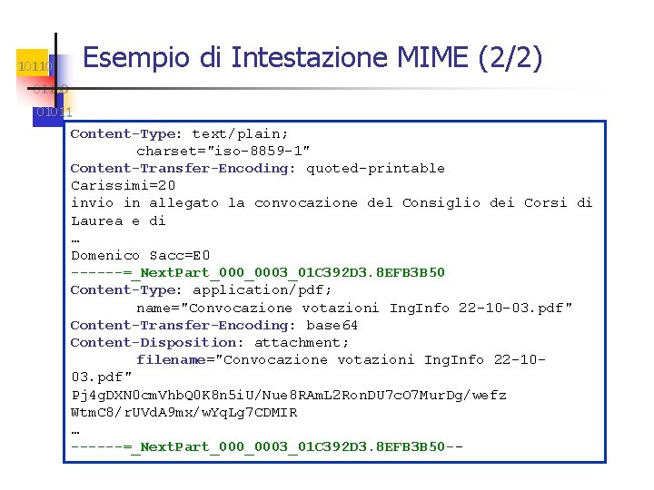 Esempio di Intestazione MIME (2/2) 101100 01011 Content-Type: text/plain; charset="iso-8859 -1" Content-Transfer-Encoding: quoted-printable Carissimi=20