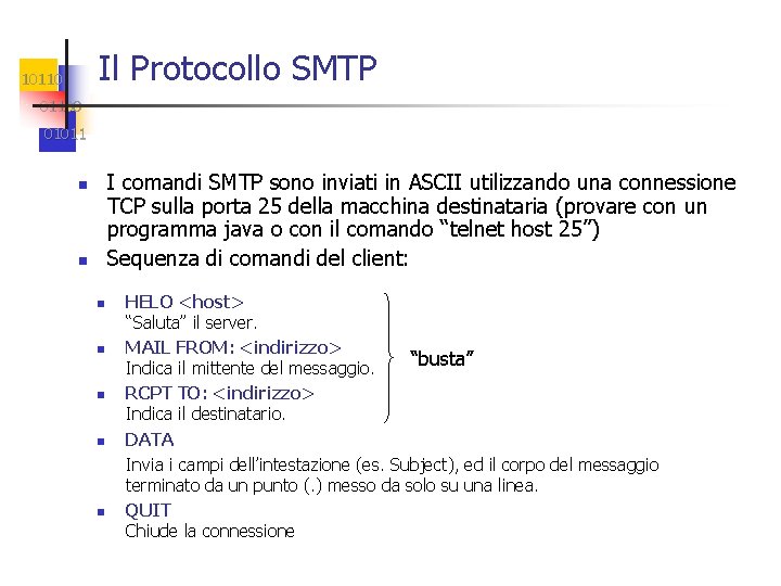 Il Protocollo SMTP 101100 01011 I comandi SMTP sono inviati in ASCII utilizzando una
