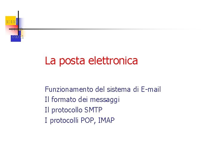 101100 01011 La posta elettronica Funzionamento del sistema di E-mail Il formato dei messaggi