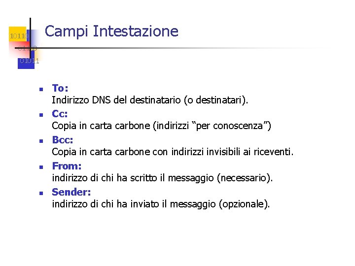 Campi Intestazione 101100 01011 To: Indirizzo DNS del destinatario (o destinatari). Cc: Copia in