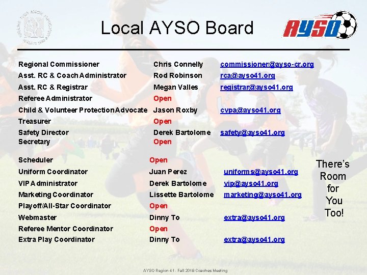 Local AYSO Board Regional Commissioner Chris Connelly commissioner@ayso-cr. org Asst. RC & Coach Administrator Local AYSO Board Regional Commissioner Chris Connelly commissioner@ayso-cr. org Asst. RC & Coach Administrator