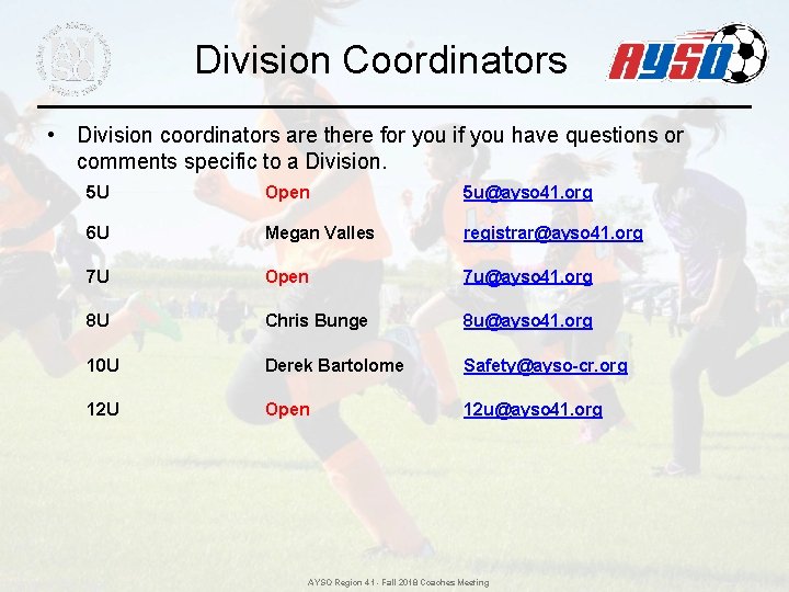 Division Coordinators • Division coordinators are there for you if you have questions or Division Coordinators • Division coordinators are there for you if you have questions or