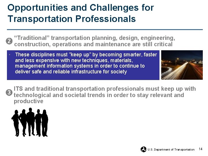 Opportunities and Challenges for Transportation Professionals 2 “Traditional” transportation planning, design, engineering, construction, operations