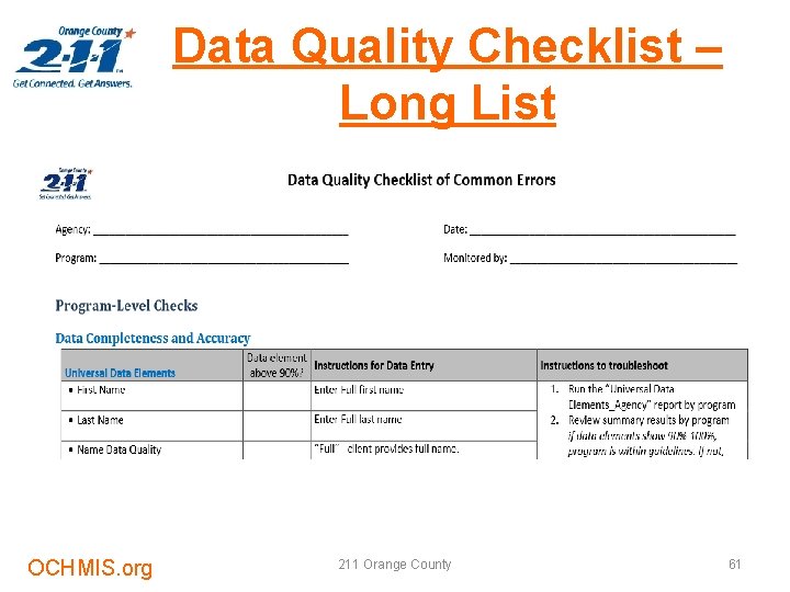 Data Quality Checklist – Long List OCHMIS. org 211 Orange County 61 