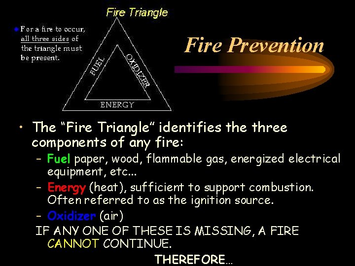 Fire Prevention • The “Fire Triangle” identifies the three components of any fire: –