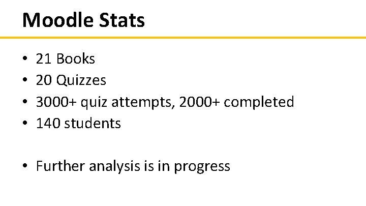 Moodle Stats • • 21 Books 20 Quizzes 3000+ quiz attempts, 2000+ completed 140 Moodle Stats • • 21 Books 20 Quizzes 3000+ quiz attempts, 2000+ completed 140