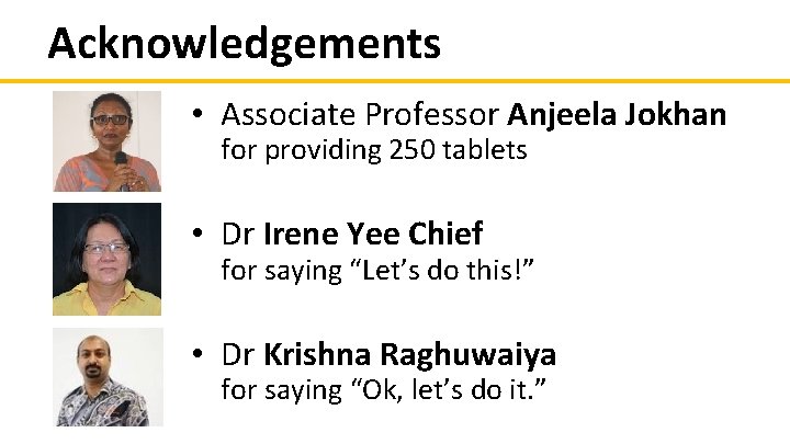 Acknowledgements • Associate Professor Anjeela Jokhan for providing 250 tablets • Dr Irene Yee Acknowledgements • Associate Professor Anjeela Jokhan for providing 250 tablets • Dr Irene Yee