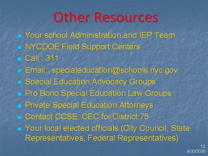 Other Resources n n n n n Your school Administration and IEP Team NYCDOE