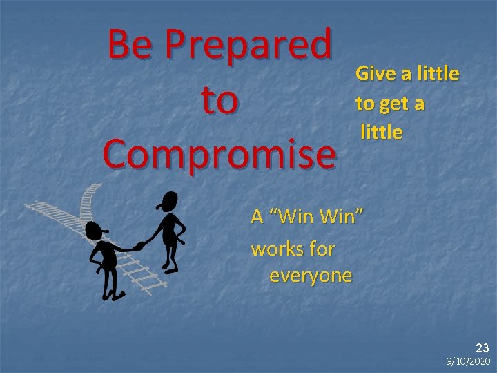 Be Prepared to Compromise Give a little to get a little A “Win Win”