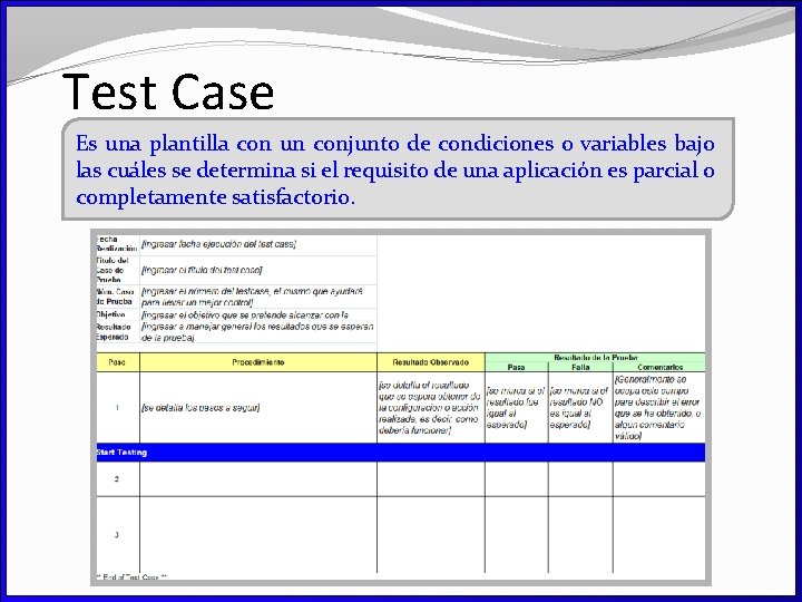 Test Case Es una plantilla con un conjunto de condiciones o variables bajo las