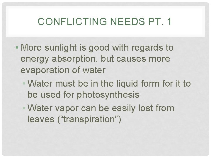 CONFLICTING NEEDS PT. 1 • More sunlight is good with regards to energy absorption, CONFLICTING NEEDS PT. 1 • More sunlight is good with regards to energy absorption,