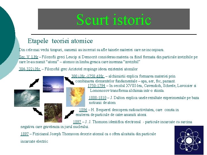 Scurt istoric Etapele teoriei atomice Din cele mai vechi timpuri, oamenii au incercat sa