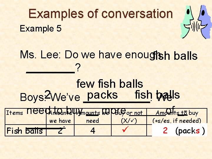 Examples of conversation Example 5 Ms. Lee: Do we have enough fish balls ____?