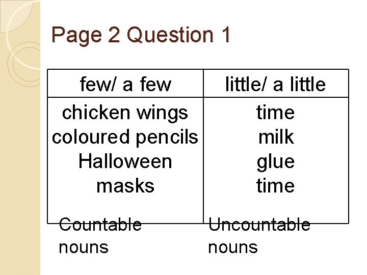 Page 2 Question 1 few/ a few chicken wings coloured pencils Halloween masks Countable