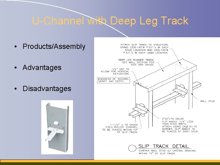 U-Channel with Deep Leg Track • Products/Assembly • Advantages • Disadvantages 