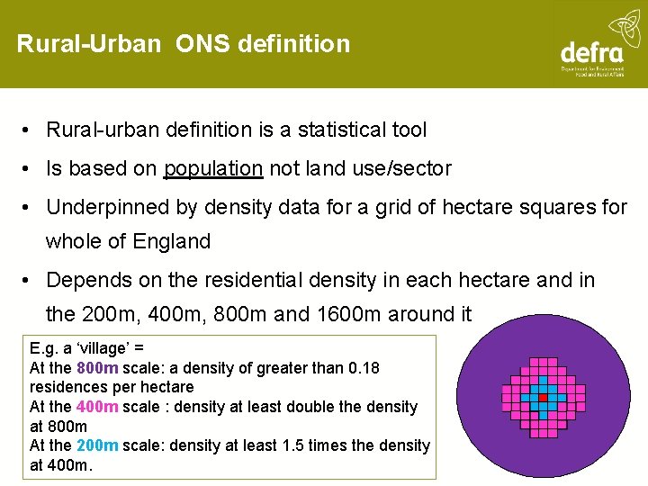 Rural-Urban ONS definition • Rural-urban definition is a statistical tool • Is based on