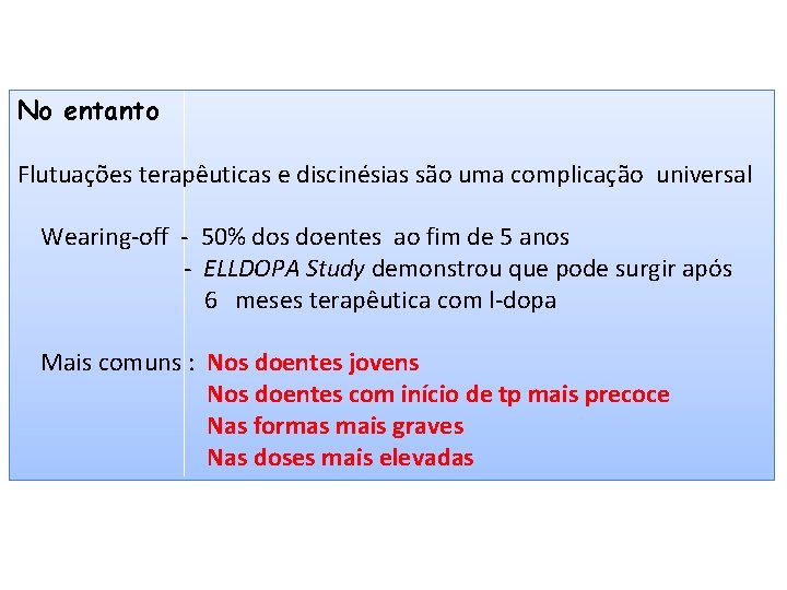 No entanto Flutuações terapêuticas e discinésias são uma complicação universal Wearing-off - 50% dos