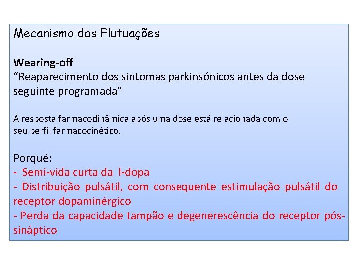 Mecanismo das Flutuações Wearing-off “Reaparecimento dos sintomas parkinsónicos antes da dose seguinte programada” A