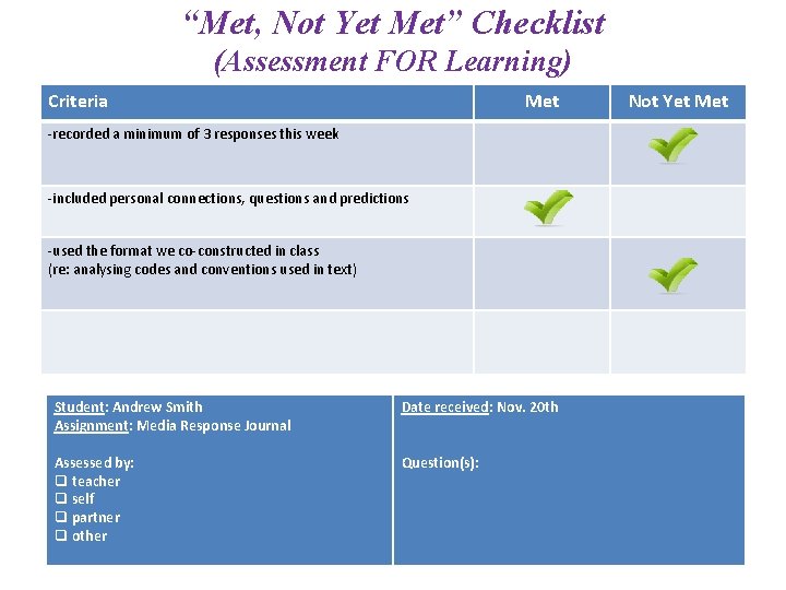 “Met, Not Yet Met” Checklist (Assessment FOR Learning) Criteria Met -recorded a minimum of