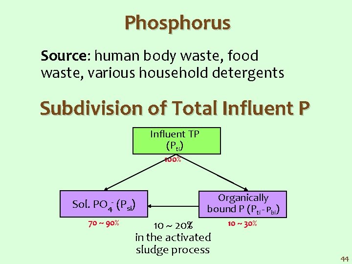 Phosphorus Source: human body waste, food waste, various household detergents Subdivision of Total Influent