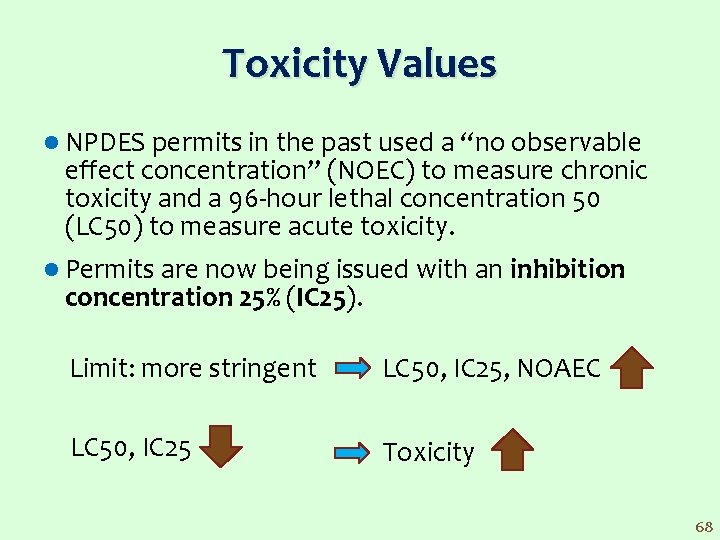 Toxicity Values l NPDES permits in the past used a “no observable effect concentration”