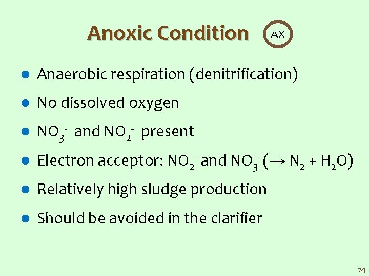 Anoxic Condition AX l Anaerobic respiration (denitrification) l No dissolved oxygen l NO 3