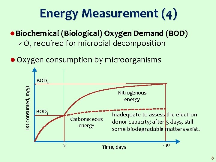 Energy Measurement (4) l Biochemical (Biological) Oxygen Demand (BOD) ü O 2 required for