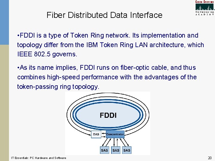 Fiber Distributed Data Interface • FDDI is a type of Token Ring network. Its