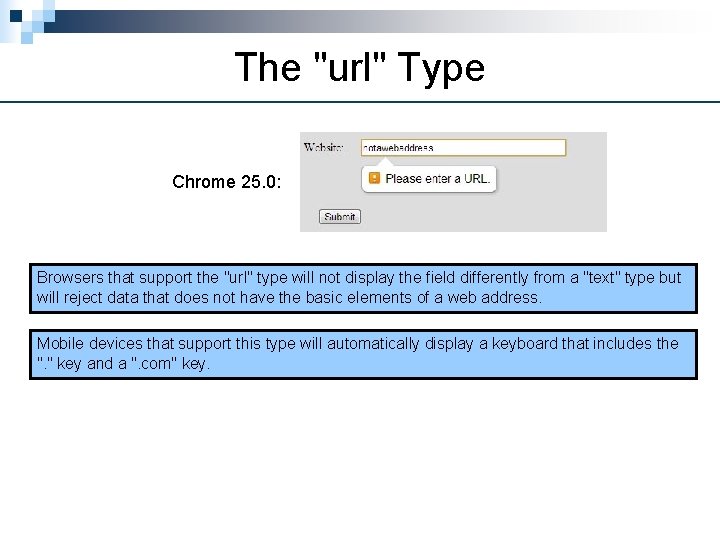 The "url" Type Chrome 25. 0: Browsers that support the "url" type will not