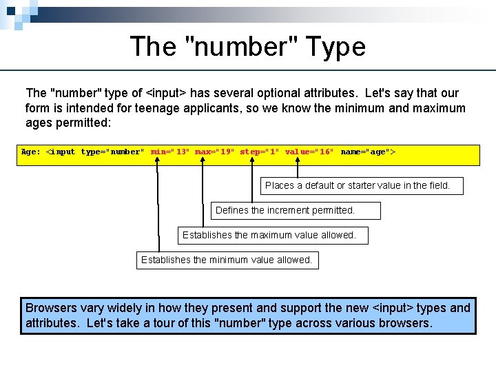 The "number" Type The "number" type of <input> has several optional attributes. Let's say