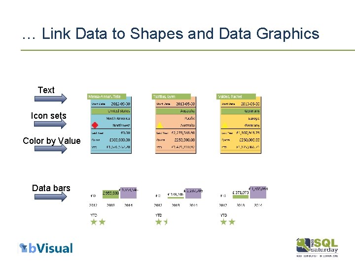 … Link Data to Shapes and Data Graphics Text Icon sets Color by Value