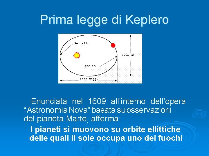 Prima legge di Keplero Enunciata nel 1609 all’interno dell’opera “Astronomia Nova” basata su osservazioni