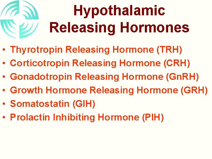 Hypothalamic Releasing Hormones • • • Thyrotropin Releasing Hormone (TRH) Corticotropin Releasing Hormone (CRH)