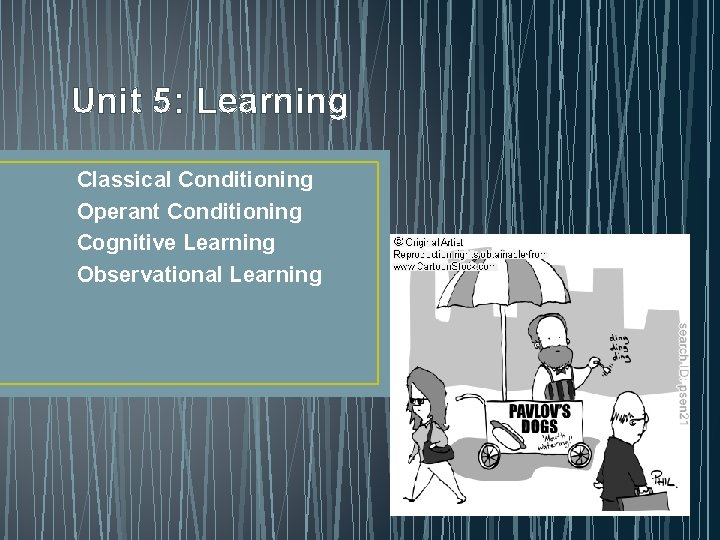 Unit 5: Learning Classical Conditioning Operant Conditioning Cognitive Learning Observational Learning 