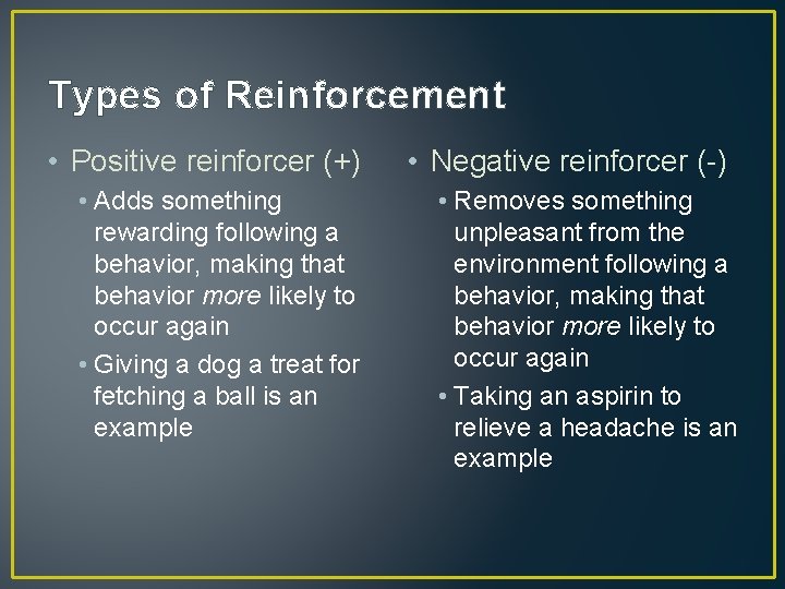 Types of Reinforcement • Positive reinforcer (+) • Adds something rewarding following a behavior,