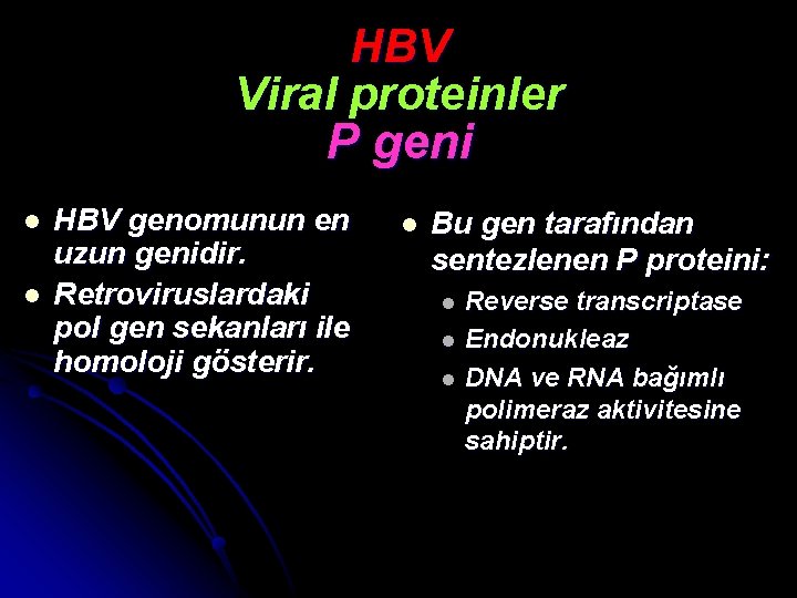 HBV Viral proteinler P geni l l HBV genomunun en uzun genidir. Retroviruslardaki pol