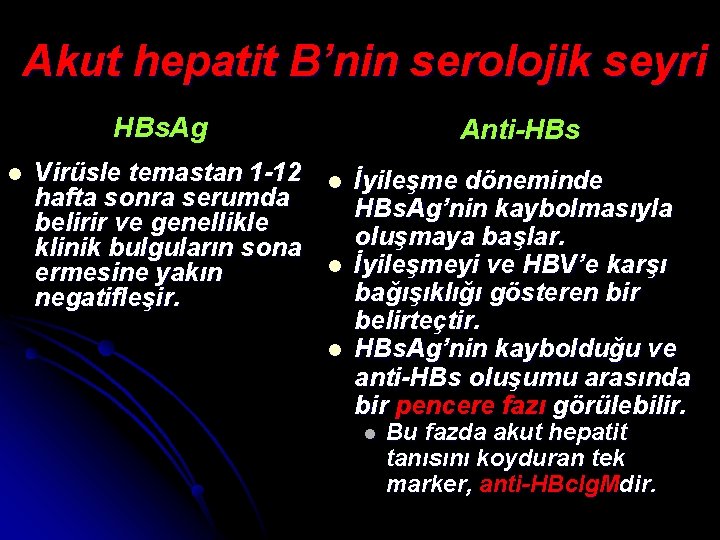 Akut hepatit B’nin serolojik seyri HBs. Ag l Virüsle temastan 1 -12 hafta sonra