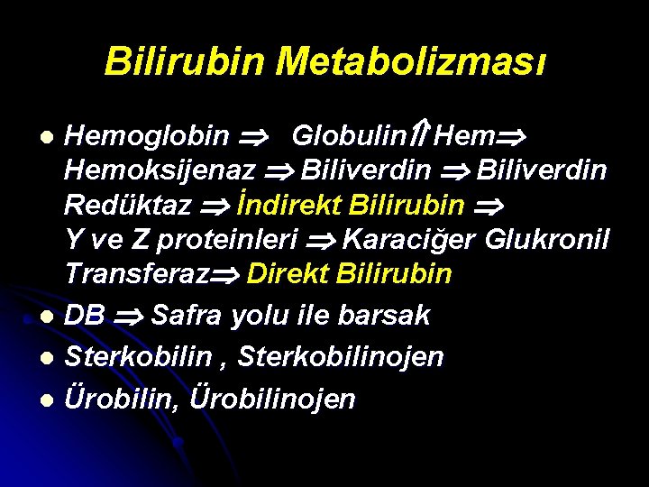 Bilirubin Metabolizması Hemoglobin Globulin Hemoksijenaz Biliverdin Redüktaz İndirekt Bilirubin Y ve Z proteinleri Karaciğer