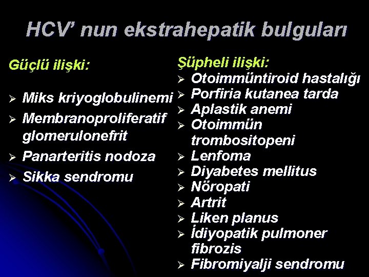 HCV’ nun ekstrahepatik bulguları Şüpheli ilişki: Ø Otoimmüntiroid hastalığı Miks kriyoglobulinemi Ø Porfiria kutanea