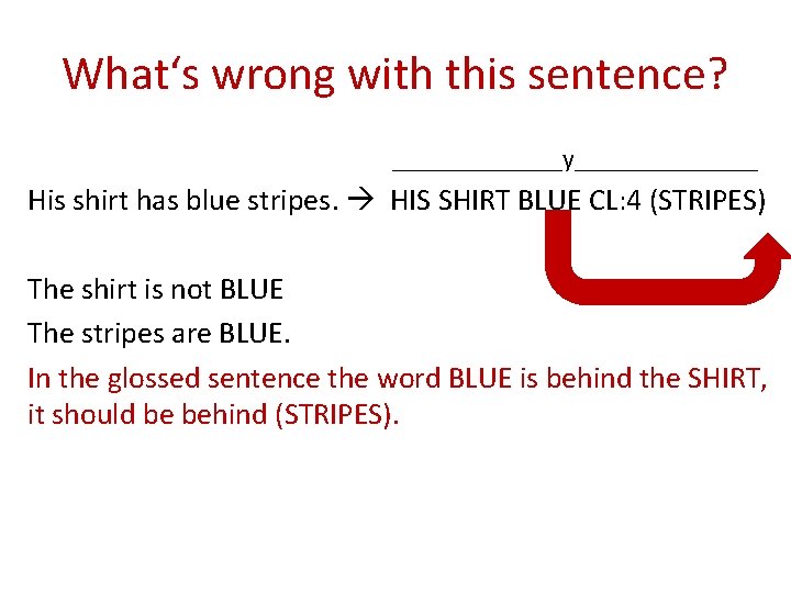 What‘s wrong with this sentence? _______y_______ His shirt has blue stripes. HIS SHIRT BLUE