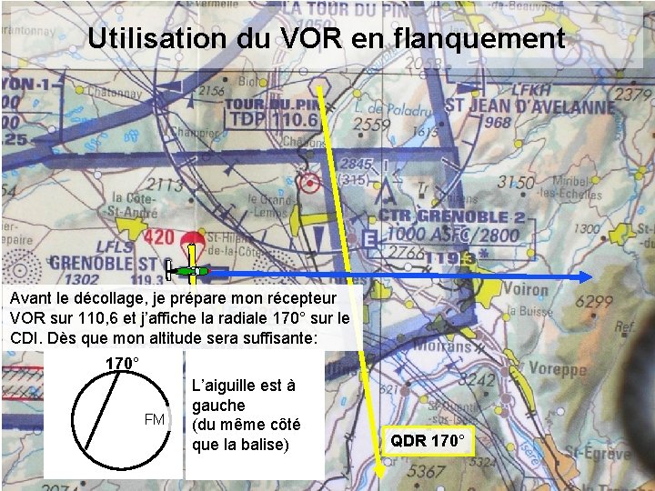 Utilisation du VOR en flanquement Avant le décollage, je prépare mon récepteur VOR sur