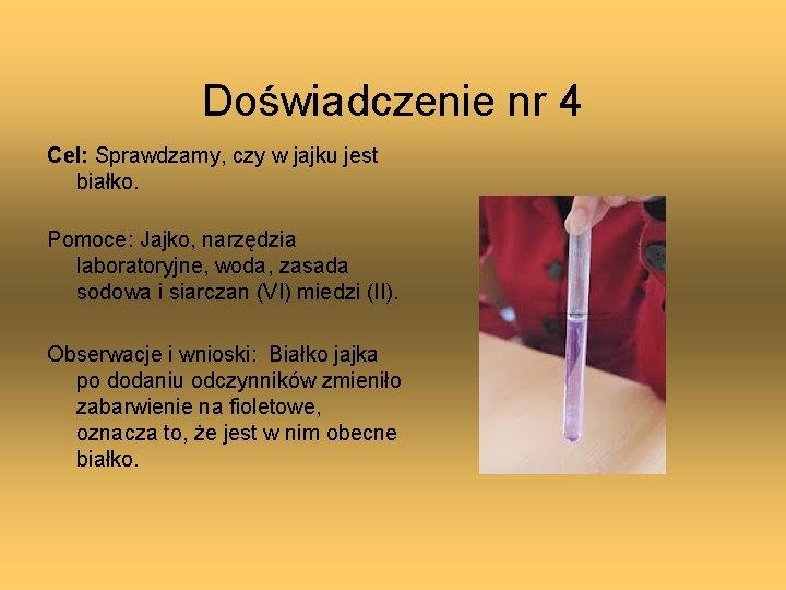 Doświadczenie nr 4 Cel: Sprawdzamy, czy w jajku jest białko. Pomoce: Jajko, narzędzia laboratoryjne,