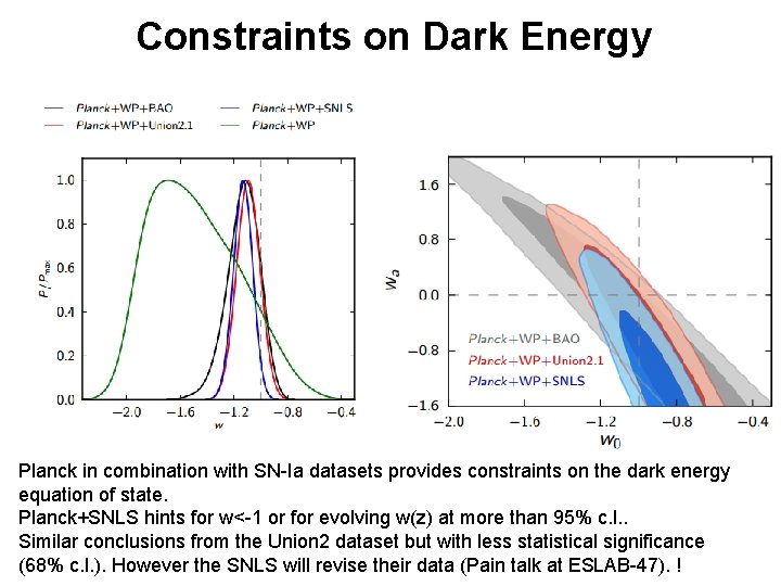 Constraints on Dark Energy Planck in combination with SN-Ia datasets provides constraints on the