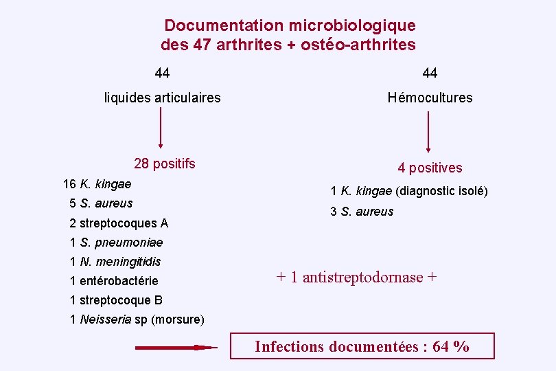  Documentation microbiologique des 47 arthrites + ostéo-arthrites 44 44 liquides articulaires Hémocultures 28