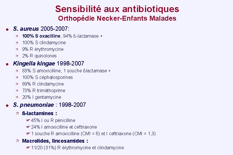 Sensibilité aux antibiotiques Orthopédie Necker-Enfants Malades = S. aureus 2005 -2007: = Kingella kingae