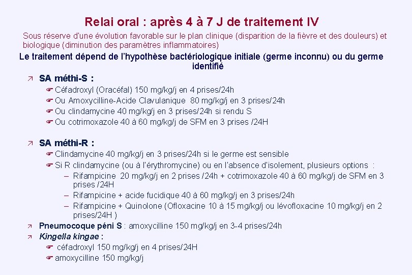 Relai oral : après 4 à 7 J de traitement IV Sous réserve d’une
