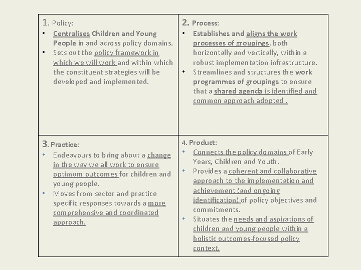 1. Policy: • • Centralises Children and Young People in and across policy domains. 1. Policy: • • Centralises Children and Young People in and across policy domains.