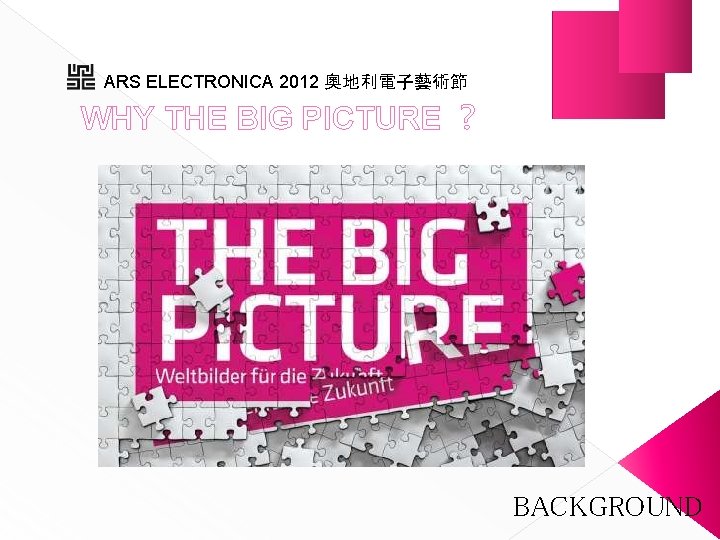 ARS ELECTRONICA 2012 奧地利電子藝術節 WHY THE BIG PICTURE ？ BACKGROUND 