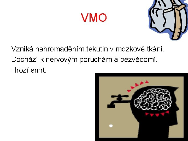 VMO Vzniká nahromaděním tekutin v mozkové tkáni. Dochází k nervovým poruchám a bezvědomí. Hrozí