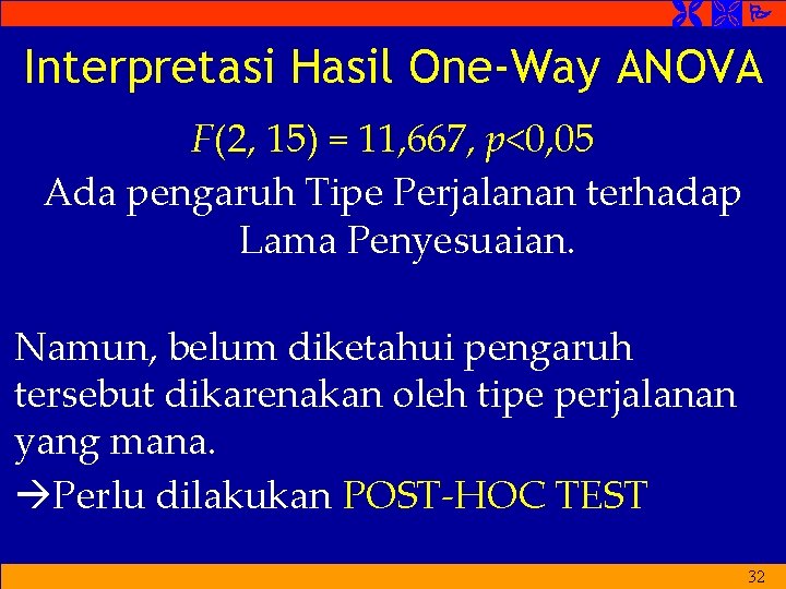  Interpretasi Hasil One-Way ANOVA F(2, 15) = 11, 667, p<0, 05 Ada pengaruh